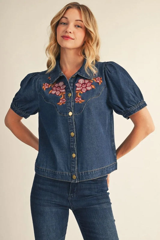 The Juniper Embroidered Denim Button Blouse