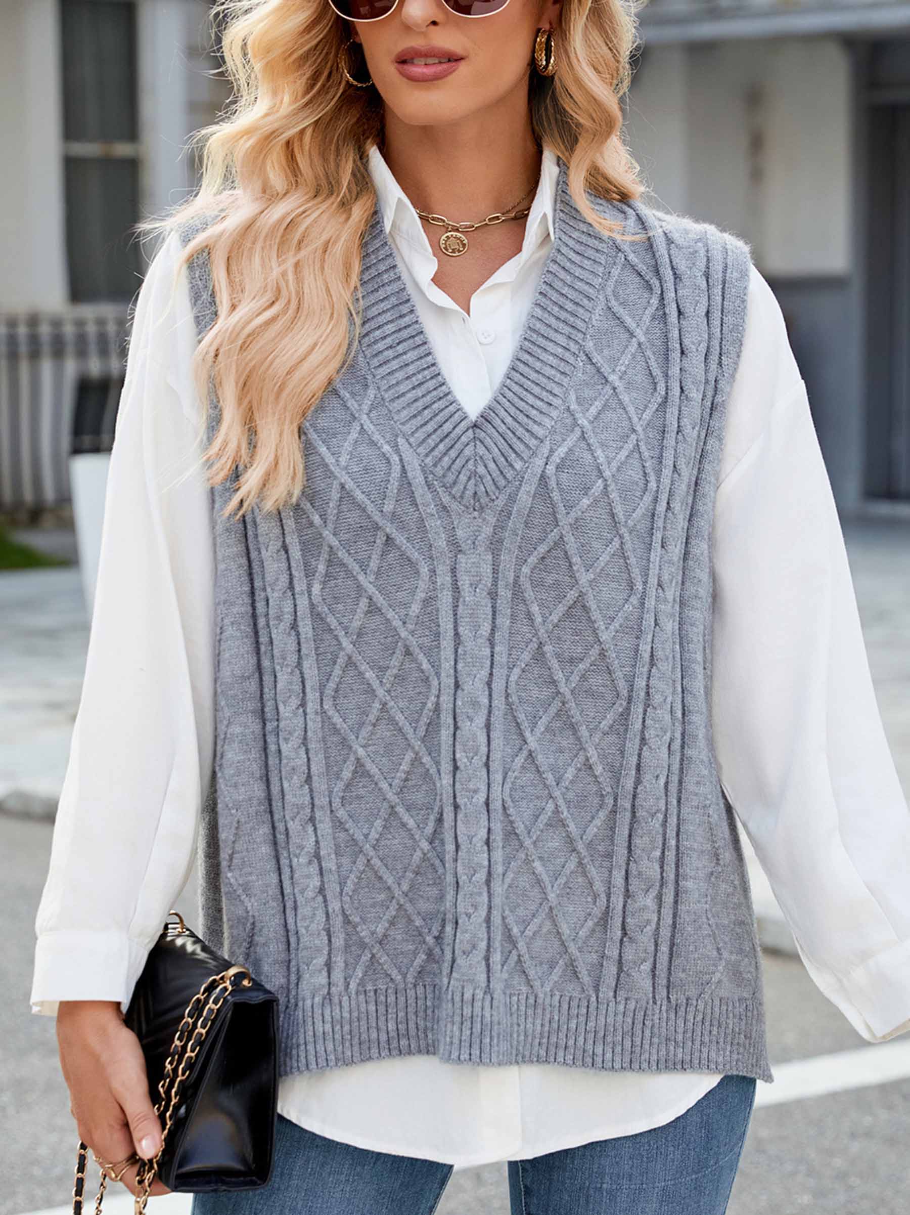 Grey V-neck Loose Outer Vest