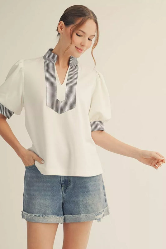 The Lyla Stripe Contrast Puff Sleeve Top