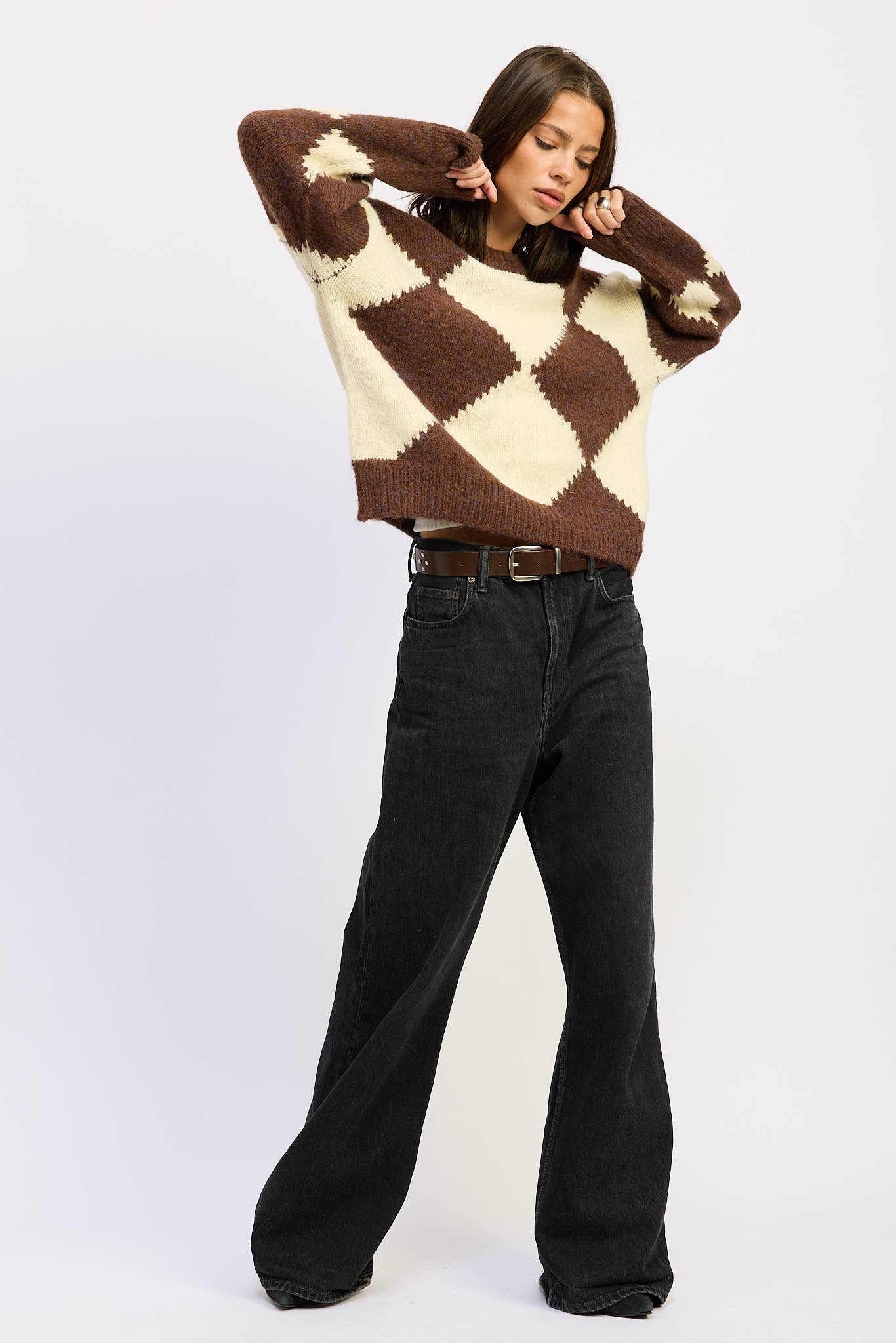 Chocolate and Ivory Two Tone Argyle Sweater