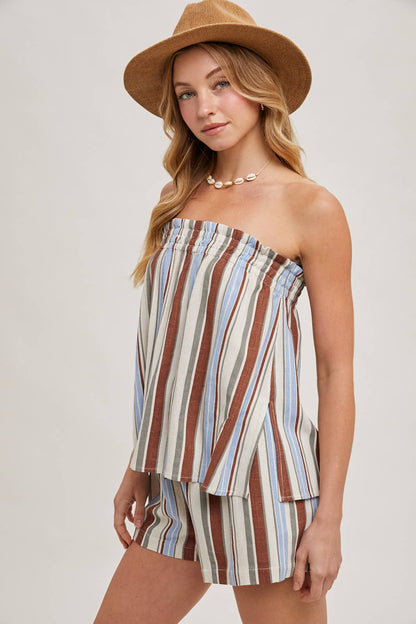 CORFU STRIPED SLEEVELESS SMOCKED TOP & SHORTS SET: NAVY COMBO / SMALL