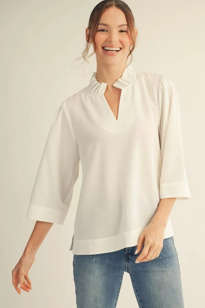 The Sarah Solid Ruffled Neckline Blouse