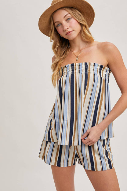 CORFU STRIPED SLEEVELESS SMOCKED TOP & SHORTS SET: NAVY COMBO / SMALL