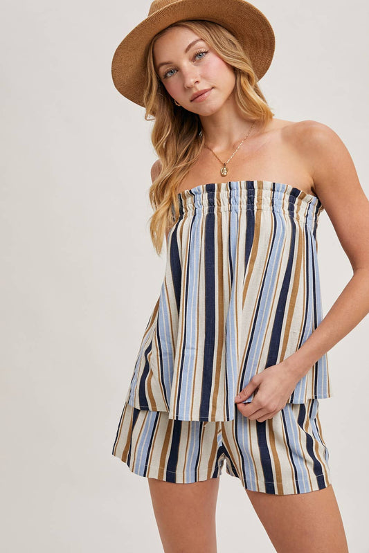 CORFU STRIPED SLEEVELESS SMOCKED TOP & SHORTS SET: NAVY COMBO / SMALL