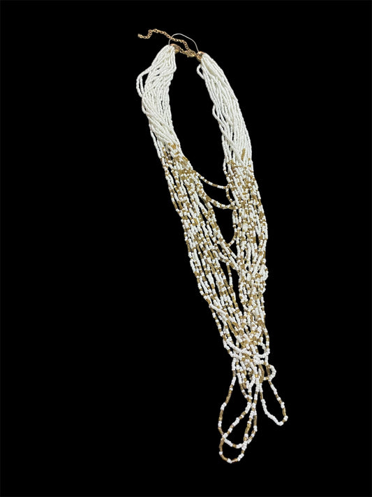 White and Gold Multi-layered Beaded Necklace