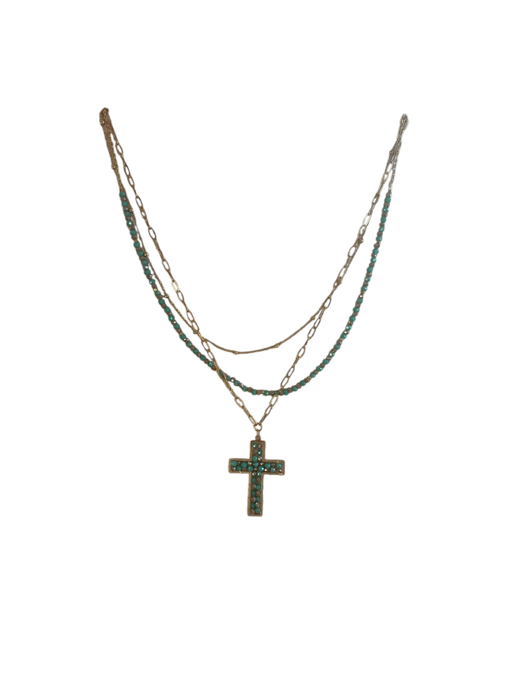 Gold and Turquoise Multi Layered Necklace with Cross