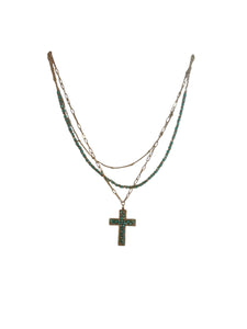 Gold and Turquoise Multi Layered Necklace with Cross