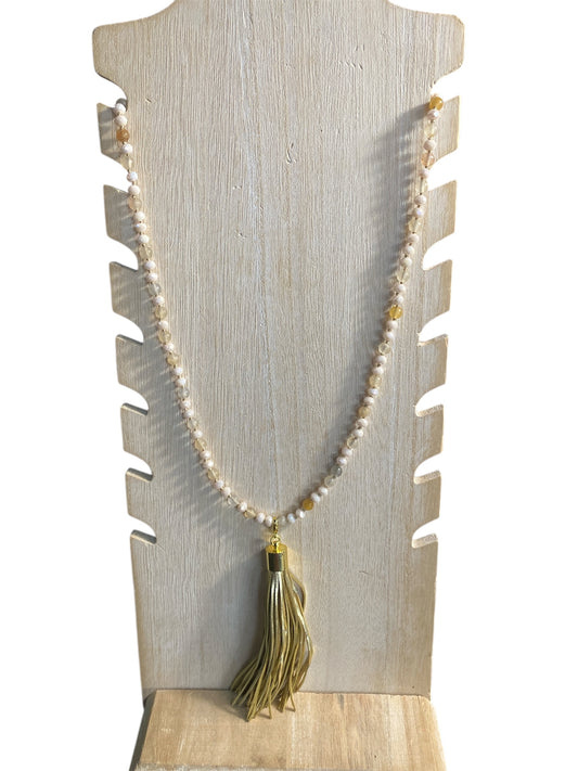 Neutral Colored Beaded Necklace with Gold Tassel