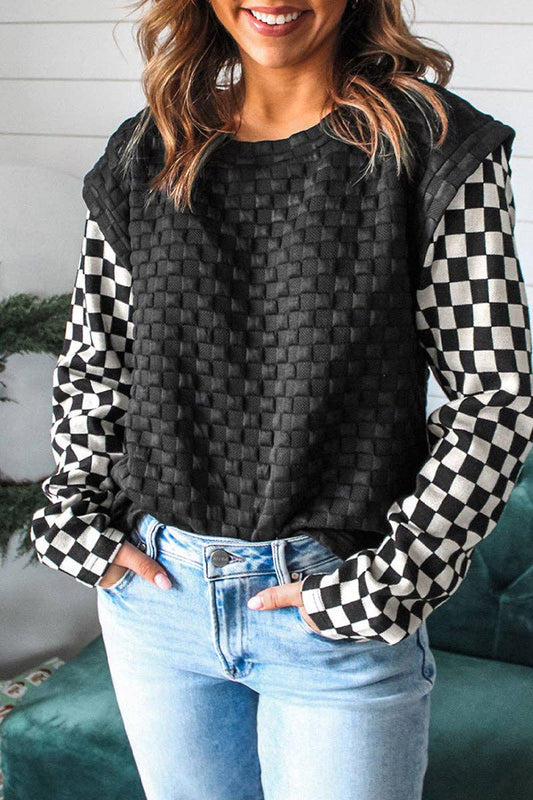 Checkerboard Sleeve Textured Sweatshirt