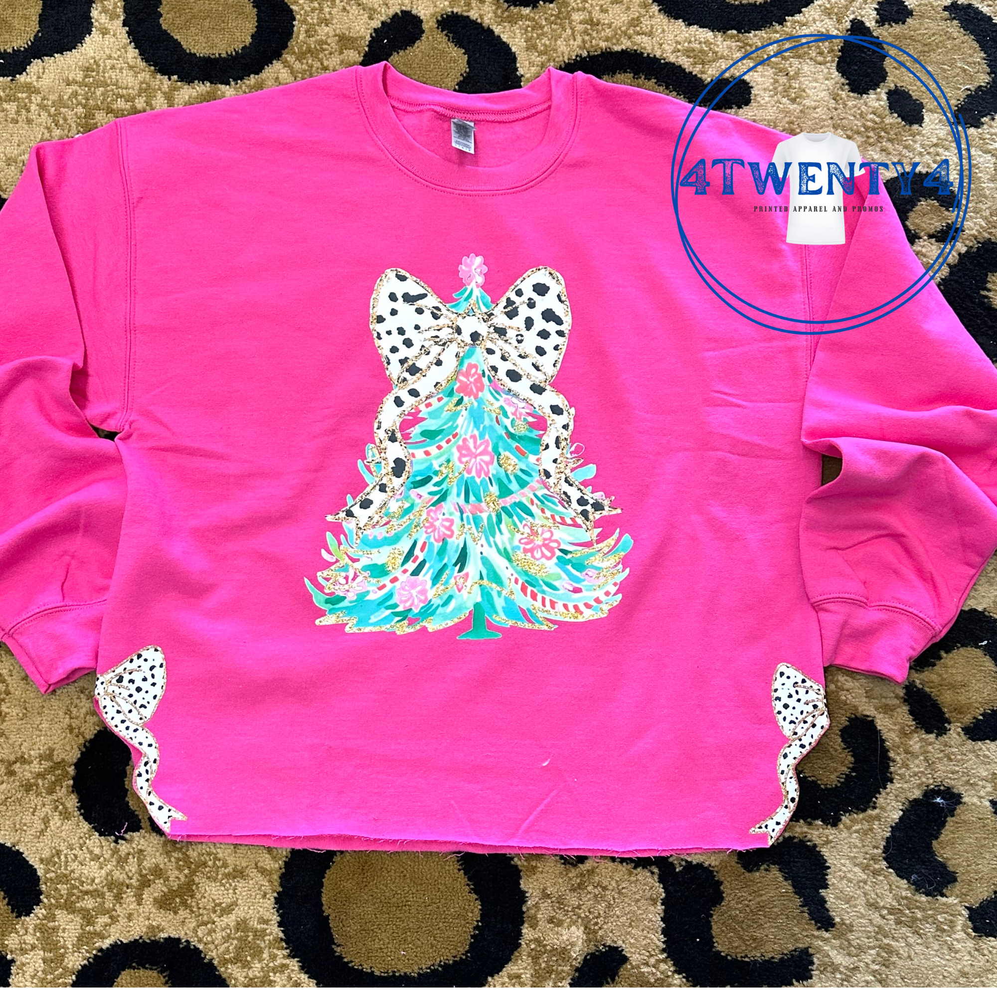 Watercolor Christmas Tree with Side Coquette Bow Sweatshirt - Pink