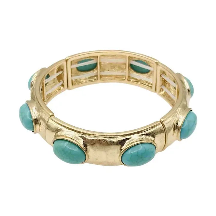 Turquoise Oval Stone On Hammered Gold Stretch Bracelet