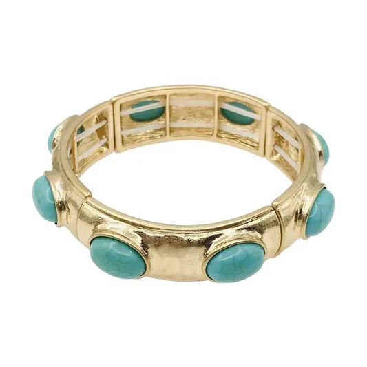 Turquoise Oval Stone On Hammered Gold Stretch Bracelet