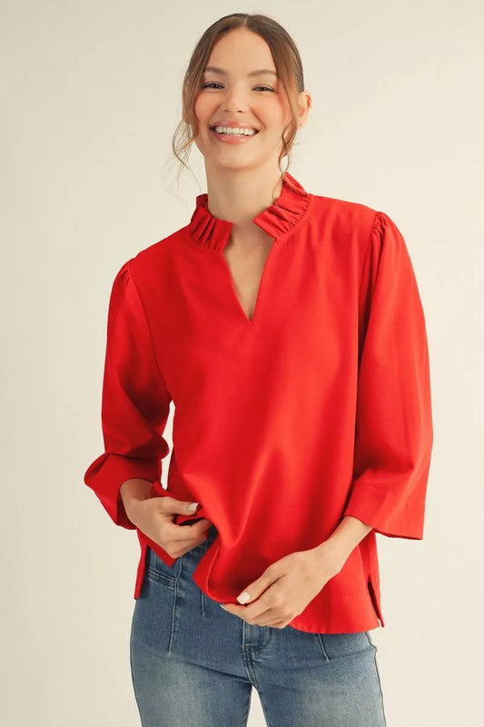 The Sarah Solid Ruffled Neckline Blouse
