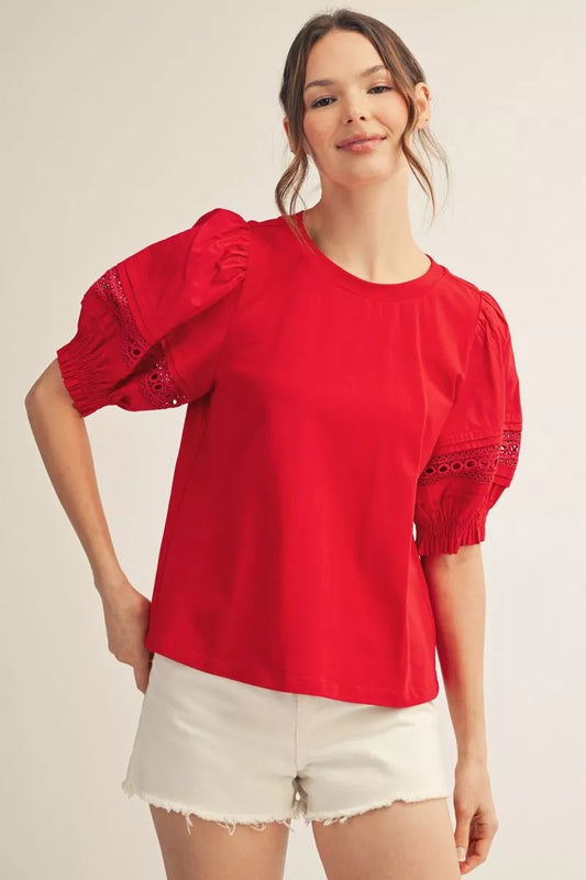The Ruby Red Lace Contrast Puff Sleeve Solid Top