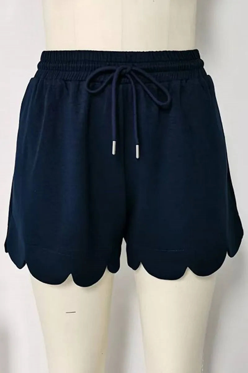 Navy Drawstring Scallop Hem Shorts