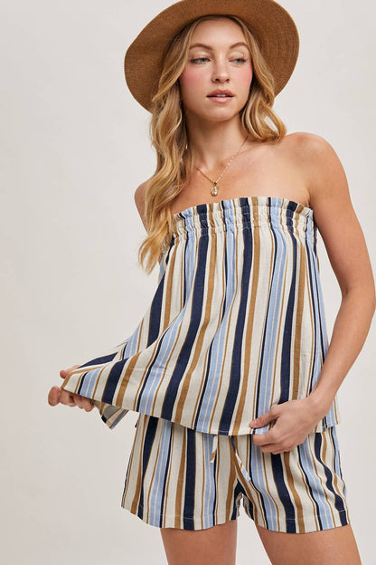 CORFU STRIPED SLEEVELESS SMOCKED TOP & SHORTS SET: NAVY COMBO / SMALL
