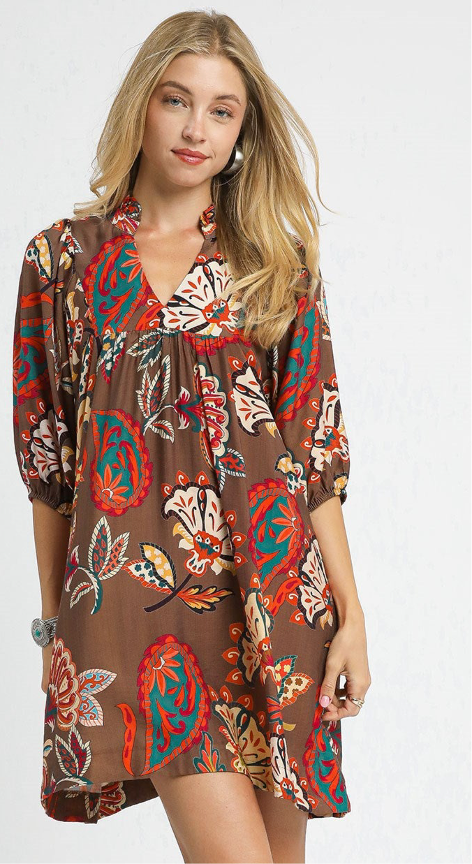 Brown Abstract Print Babydoll Dress