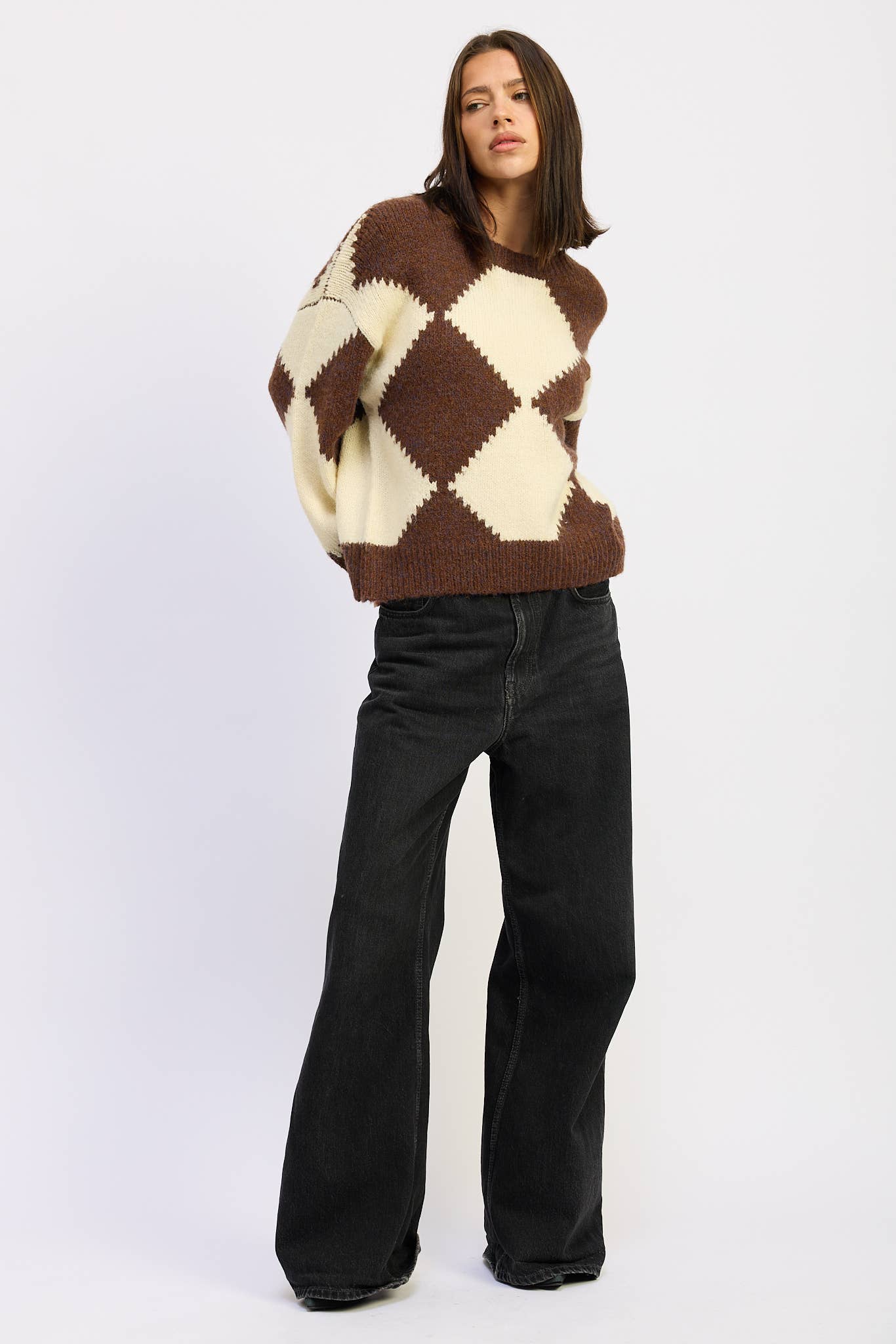 Chocolate and Ivory Two Tone Argyle Sweater