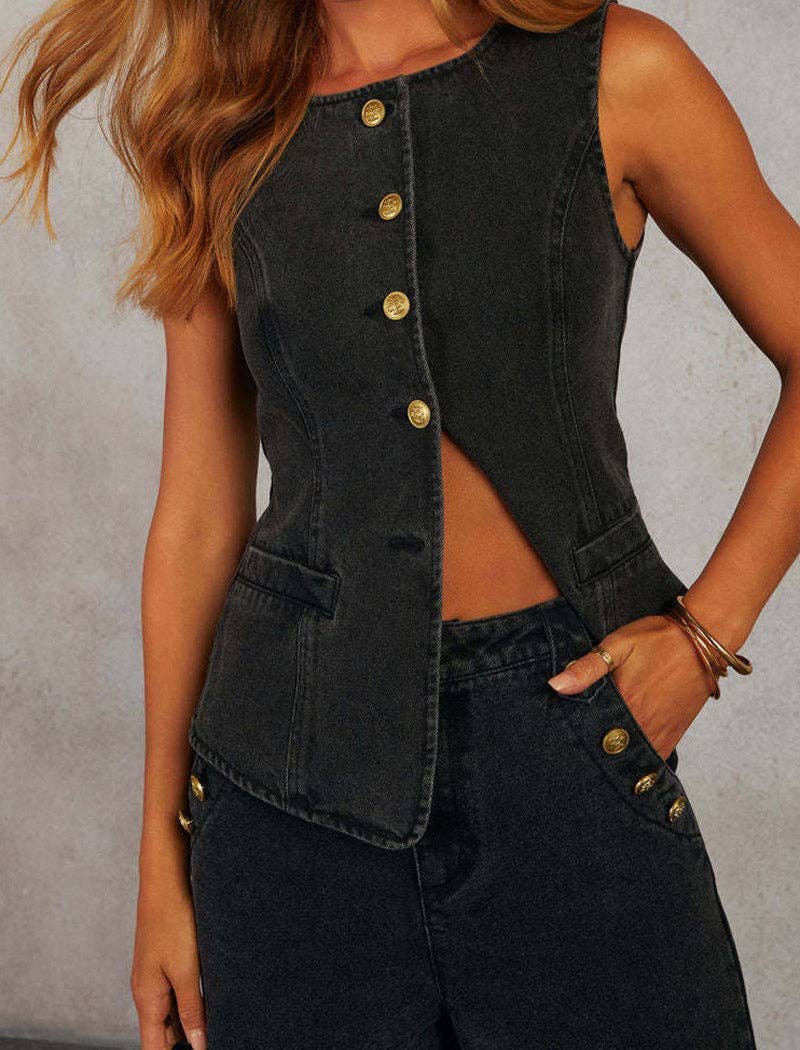 Sleeveless Denim Vest with Button Front