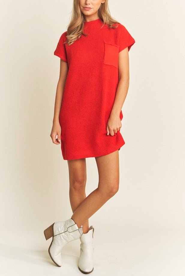 Red Sweater Knit Relaxed Mini Dress with Drop Shoulder