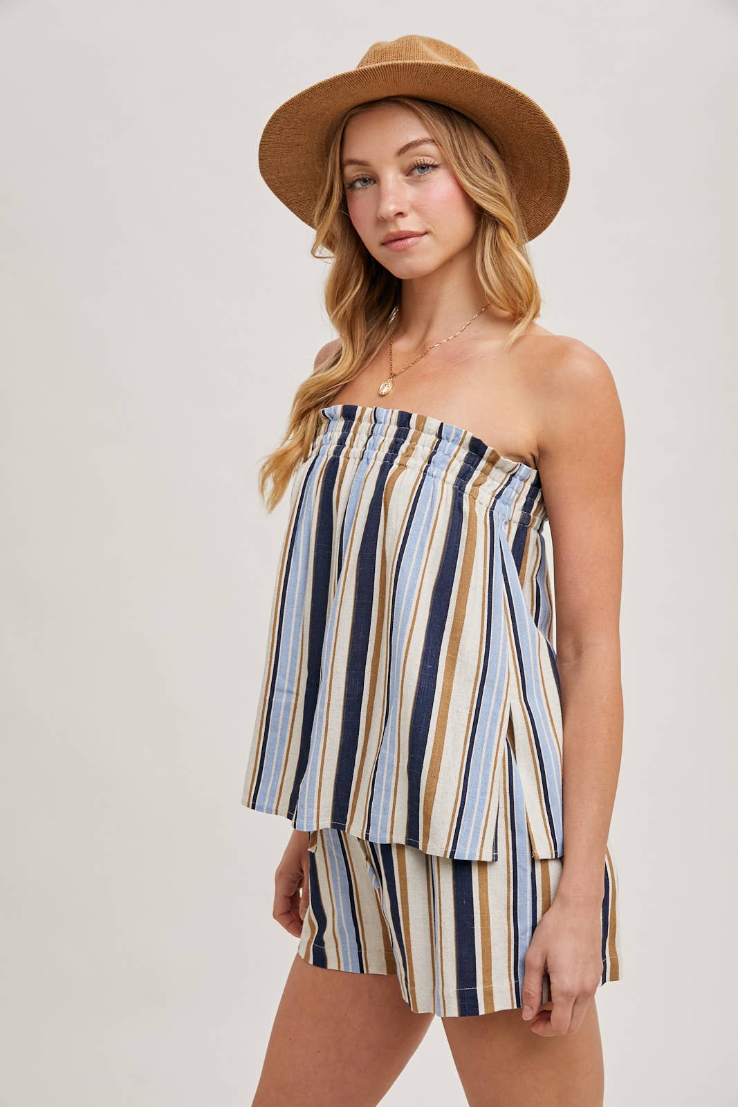 CORFU STRIPED SLEEVELESS SMOCKED TOP & SHORTS SET: NAVY COMBO / SMALL