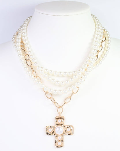 Dylan Pearl Cross Layered Necklace Gold: Default
