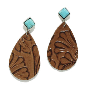 Brown Teardrop Faux Leather Earrings with Turquoise Accent