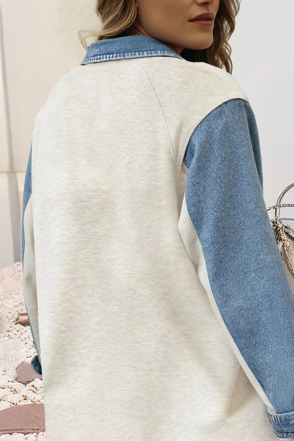 LDC Denim Patchwork Buttoned Polo Collar Long Sleeve Top