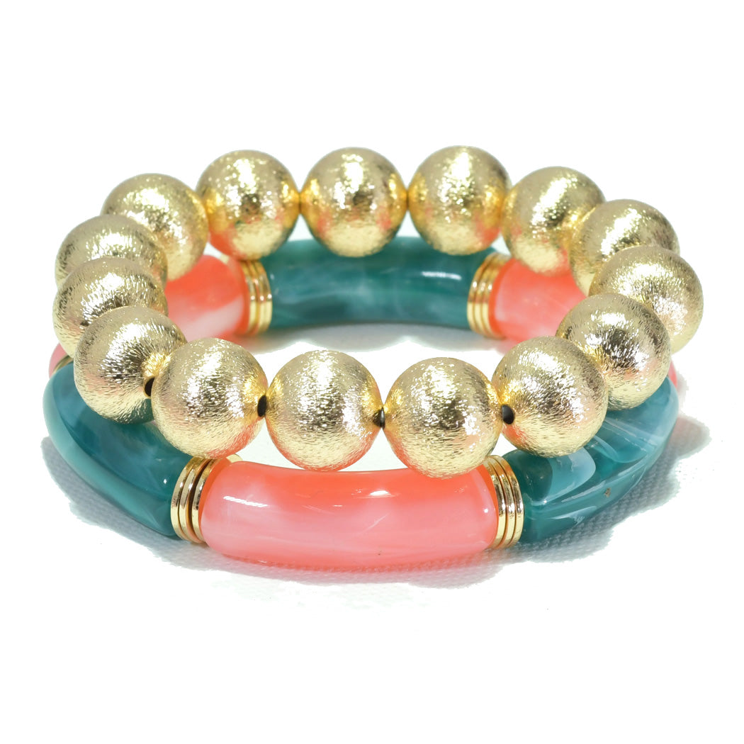 Gold/Coral Green Brass Ball Stretch Bracelet Set