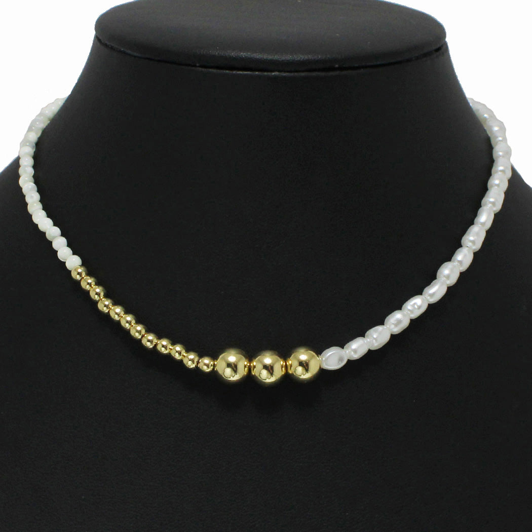 Gold/White Freshwater Pearl with Ball Beaded Necklace