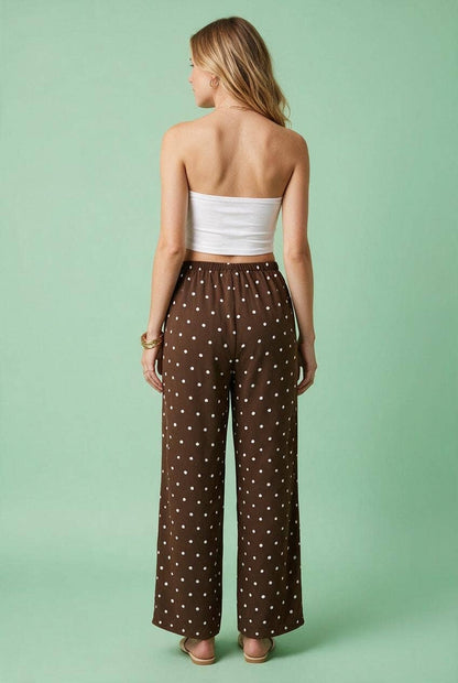 Polka Dot Drawstring Wide-Leg Pants: BROWN / 2-2-2(S-M-L)