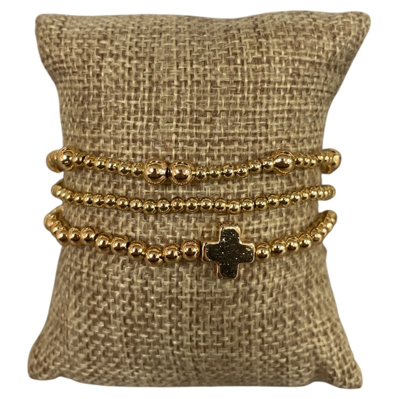 Gold Beaded Ball and Cross Three Piece Bracelet