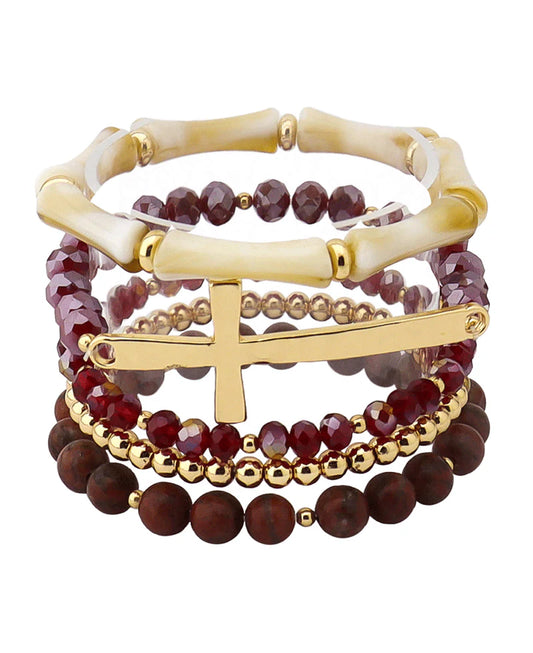 Burgundy Mix Cross Multi Bead Bracelet