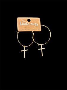 Haute Mess large gold hoop with pave' thin cross