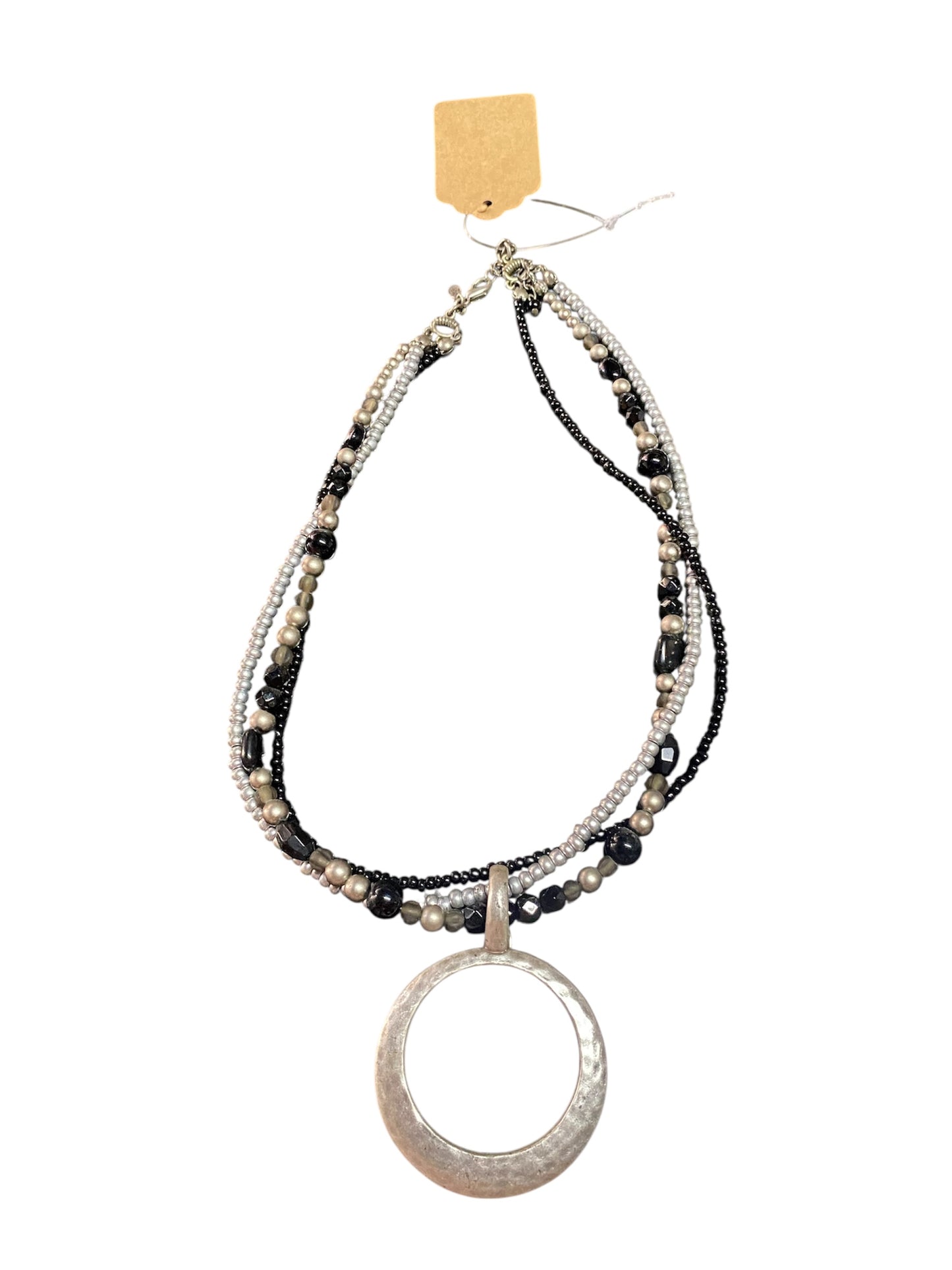 Silver and Black Multi-Beaded Necklace with Circle Pendant