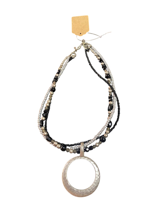Silver and Black Multi-Beaded Necklace with Circle Pendant