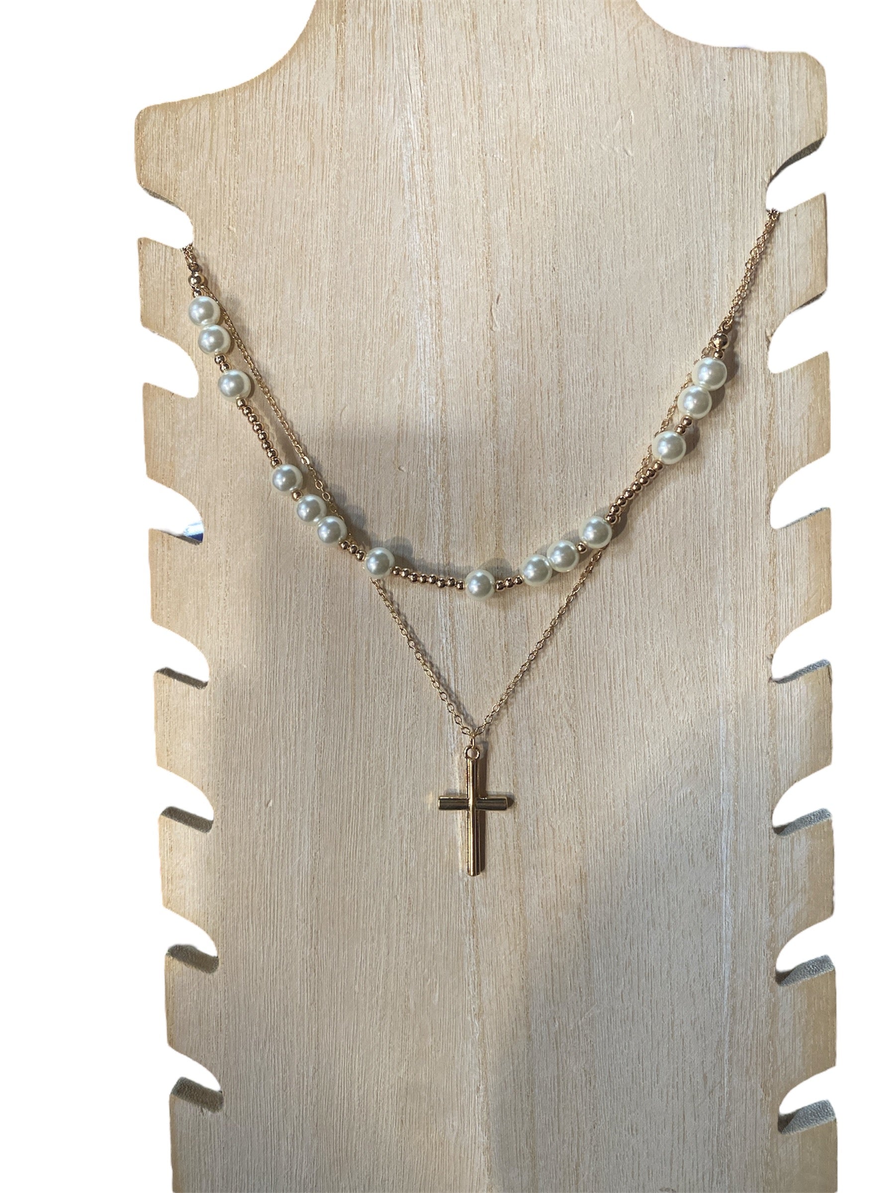 Multi Layered Gold and Pearl Necklace with Cross Pendant