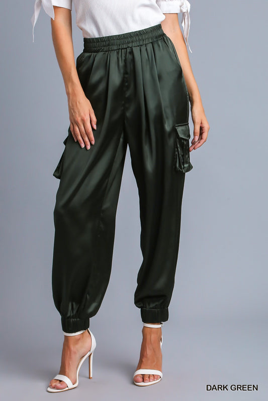 Satin Jogger Cargo Pants - Dark Green
