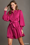 Satin Button Down Front Tie Dress and Smocked Sleeve Cuffs