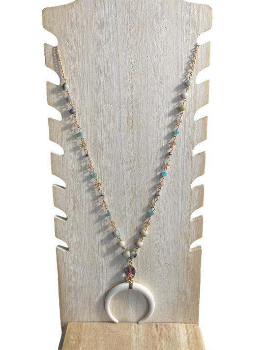 Fossil Pendant Long Beaded Necklace