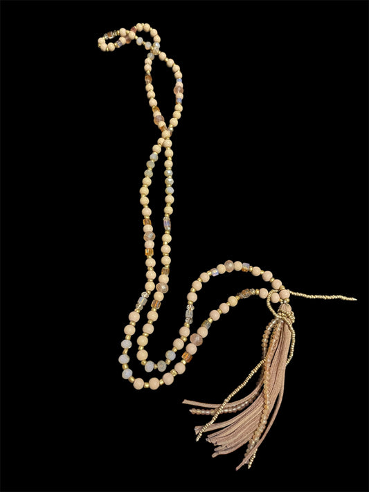 Neutral Colored Beaded Necklace with Tassel