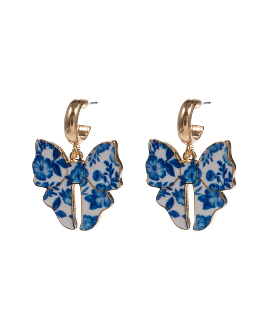 Flower Pattern Bow Enameled Casting Hoop Earring - 1.25"