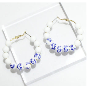 Blue and White Porcelain Ceramic Bead Hoop Earrings