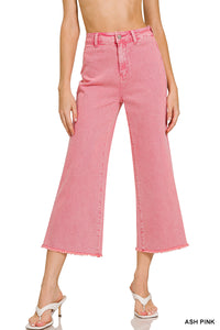 Acid Wash High Waist Frayed Hem Straight Wide Pants in Pink