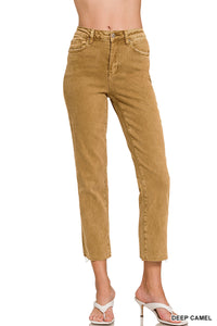 Zenana Acid Wash High Waist Cropped Straight Pants in Deep Camel