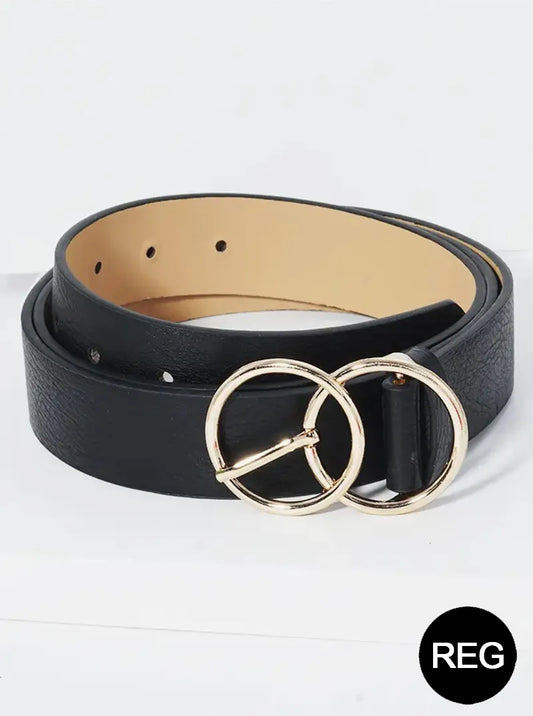 Double circle metal buckle leatherette belt