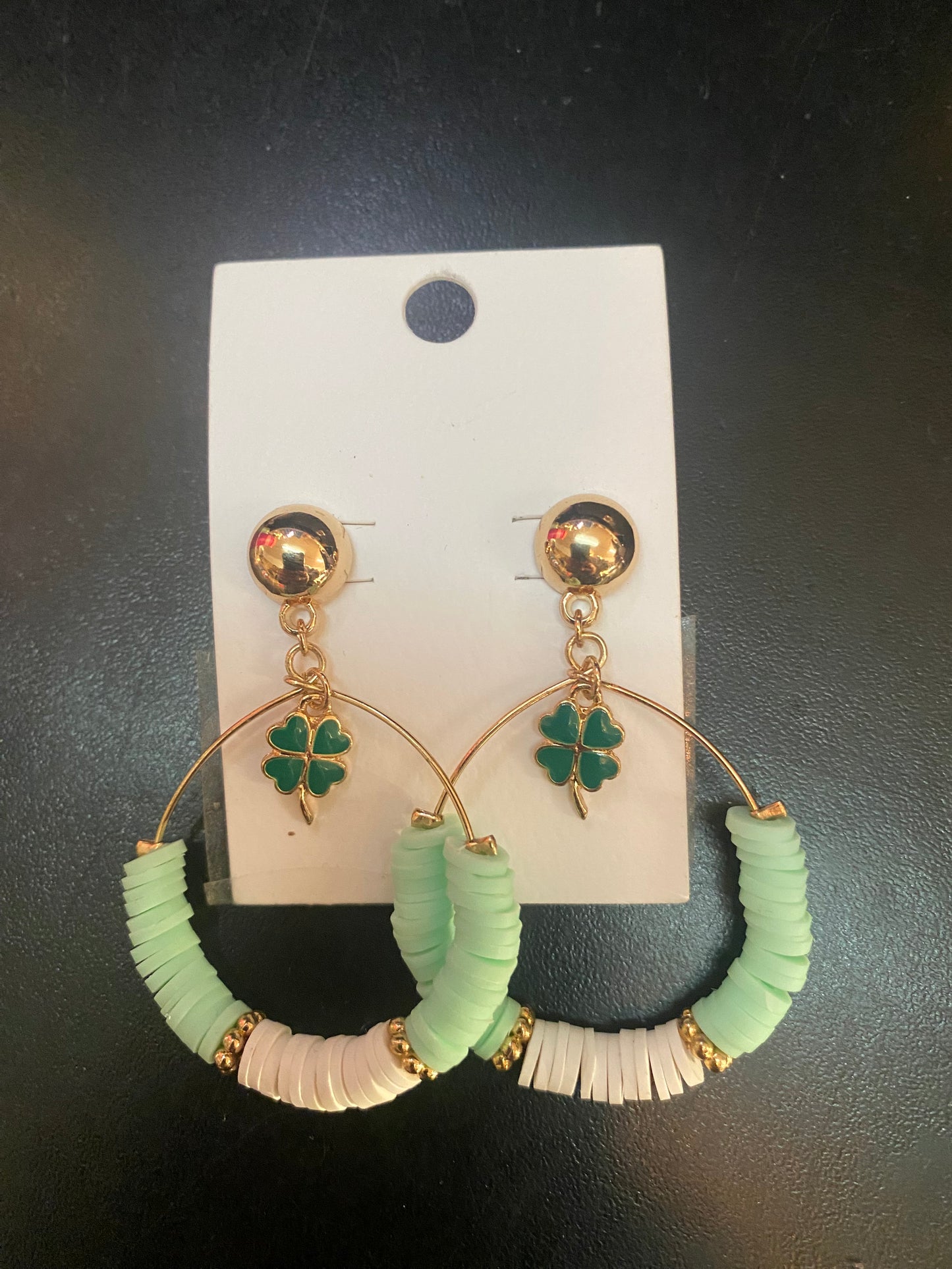 Green and White Beaded Earrings with Clover Charm
