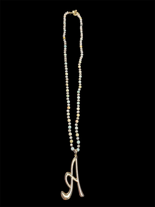 Long Neutral Colorerd Beaded Necklace with "A" Pendant