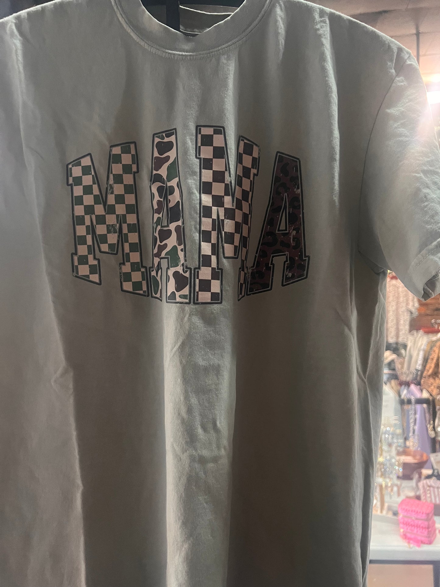 3 Kids and a Press Mint Tri Pattern tee (Checker/Camo/Leporad)