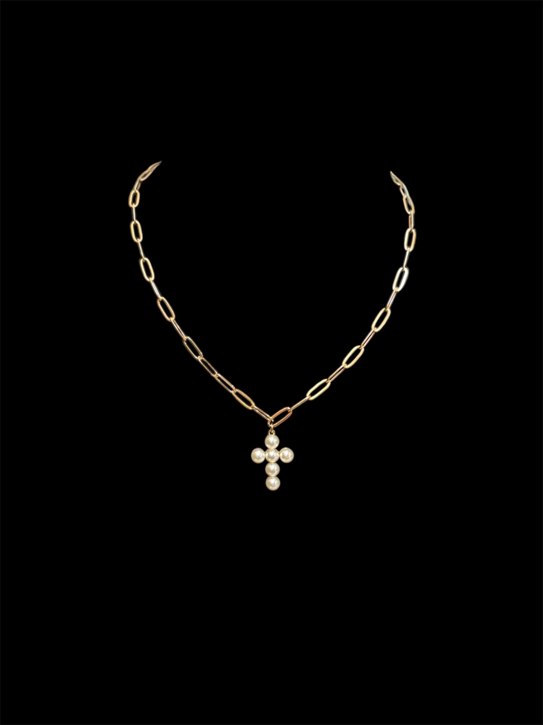 Haute Mess reversible pearl cross on paperclip chain